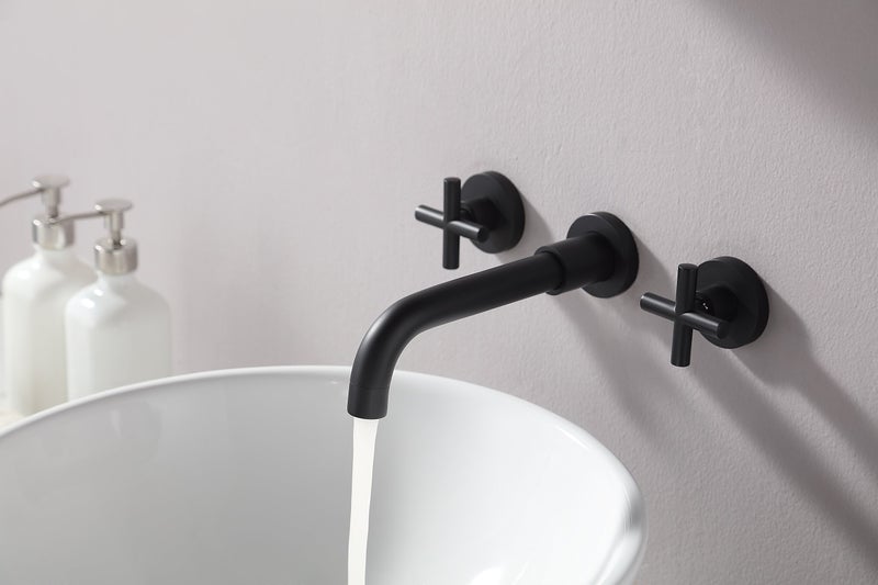 SITGES Matte Black Bathroom Faucet, Double Handle Wall Mount Bathroom Sink Faucet and Rough in Valve Included (Matte Black) - Image 4